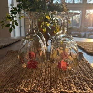 Clear Glass Wine Goblets with Red and Gold Leaf Accent - Set of 4